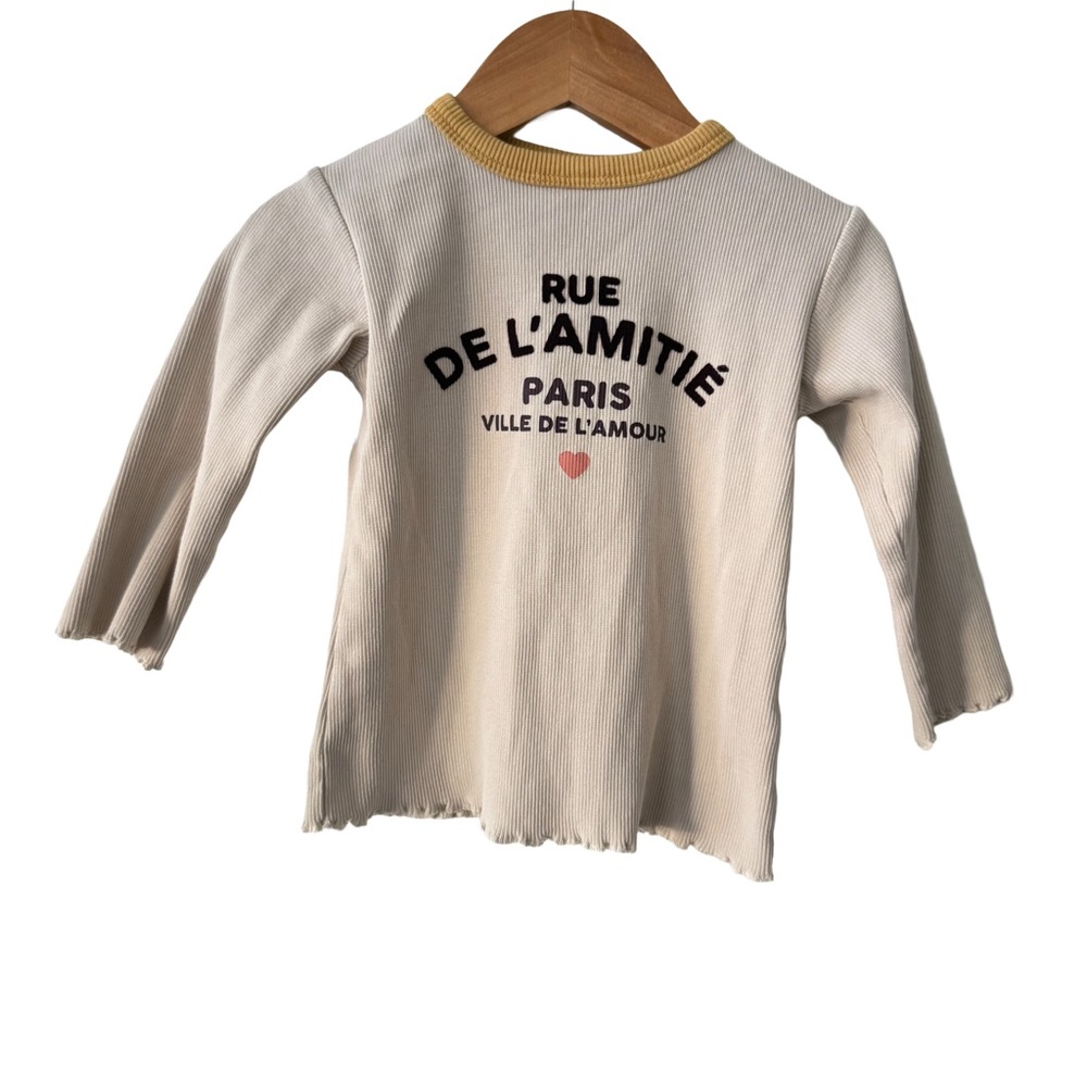 Zara Cream Ribbed Long Sleeve Kids Top with Graphic Print